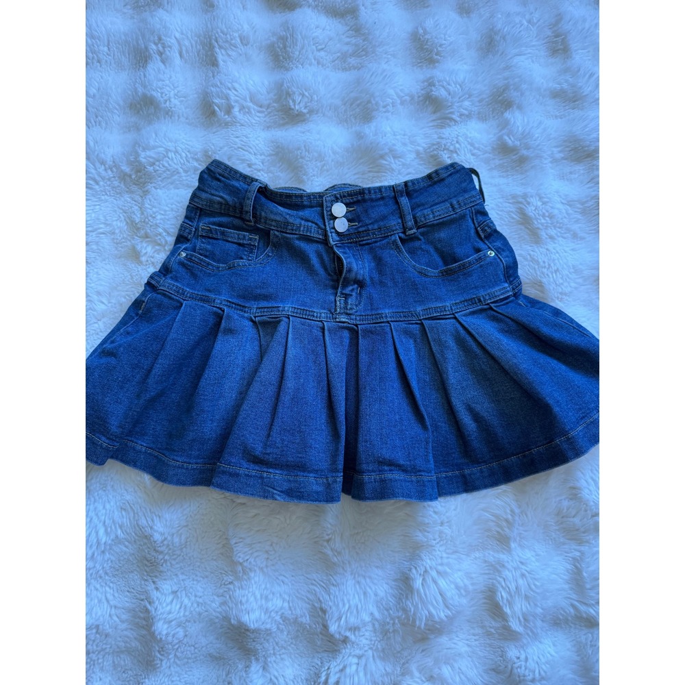 Blue Denim Pleated Mini Skirt Double Button Drop Waist Skater Skirt Size 6